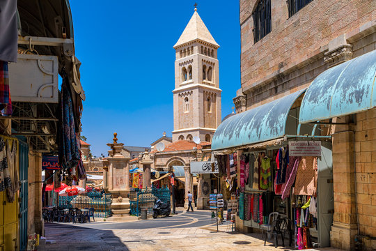 Small square and belfry in Old City of Jerusalem.