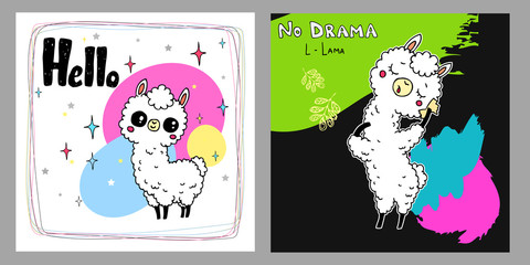 Hand drawn cards with cute lama