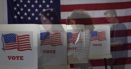 Profile, medium shot, young man and two women, one Hispanic, in polling station, semi-transparent...