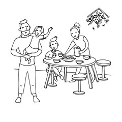 family, happy, father, mother, daughter, son, have breakfast together, at a large, family table, doodle, sketching, black and white, vector illustration, stay home