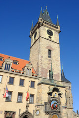 Fototapeta premium The tower of the Old Town Hall in Prague, on which the astronomical clock is located.