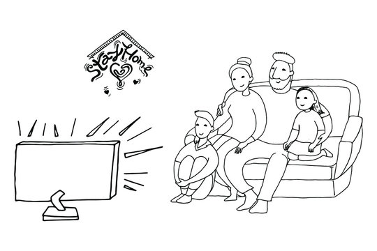 family, watching TV together on the couch, in the evening, father, mother, son and daughter, vector illustration, black and white, doodle, sketch