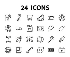 A simple set of car services related vector line icons. Contains icons such as oil, diagnostics, turbine, steering wheel, chassis, gearbox and much more. Editable move. 480x480 On a white background