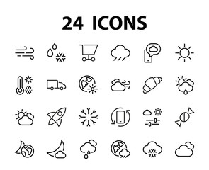 WEATHER set of icons, icons such as weather forecast and clouds, wind, rain, snow, weather settings and sunny weather and much more. Editable stroke, simple vector lines
