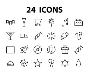  Simple set of celebration icons related to vector line. Contains icons such as music, new year, stars, balls, cake, karaoke, dj and much more. Editable stroke. 480x480