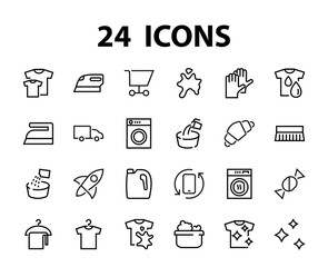  Simple set of washing related vector line Icons. Contains icons such as washing machine, powder, laundry, dirty t-shirt and much more. On a white background, editable stroke. 48x48 pixels perfect