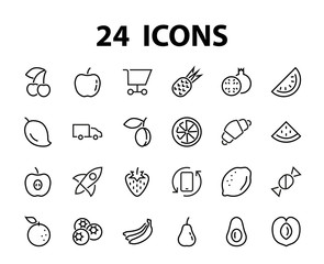 Fruit Icon Set, Vector lines, Contains icons such as apple, banana, cherry, lemon, watermelon, Avocado Editable stroke, 48x48 pixels, White background, eps 10