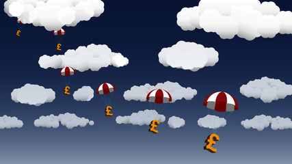 Obraz premium Currency falling from the sky, with clouds in background, in wide format. During a financial crisis, governments and welfare agencies offer financial assistance. 