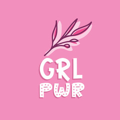 Twig and hand-lettering GRL PWR on pink.