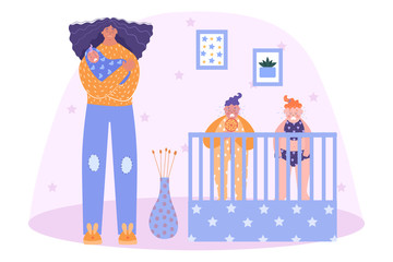 Postpartum depression concept. Sad woman with three small crying children. Vector illustration.
