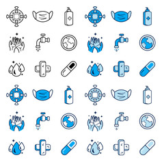 Set Flat Lines Icon. Corona Virus Covid-19 Prevent. Health Medicine Hygiene. Hand wash, Mask, Sanitizer, Virus, Faucet, World, Water, Plus, Drug Icons