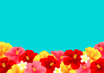 Obraz premium ハイビスカス プルメリア フレーム 背景 イラスト