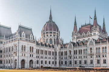 Fototapeta na wymiar Hungarian Parliament building east side facade with scaffolding in Budapest morning