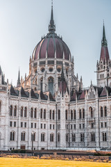 Fototapeta premium Hungarian Parliament building east side facade with scaffolding in Budapest morning