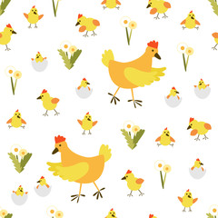 Cute seamless easter vector pattern with chikens
