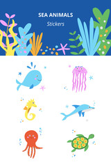 Sea animals stickers collection vector illustration