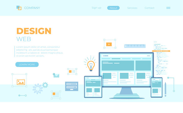 Web Design. Website template for monitor, laptop, tablet, phone. Elements for mobile and web applications. UI and UX content organization. Can use for web banner, landing page, web template.