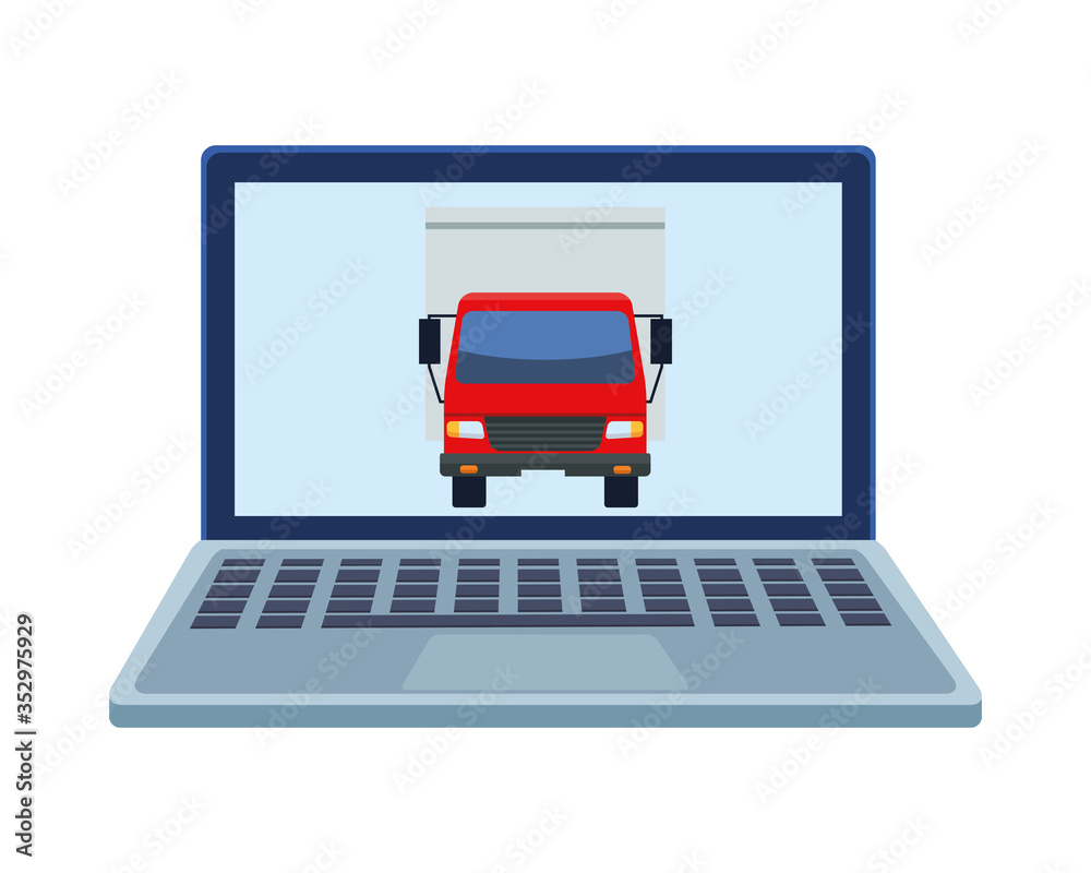 Wall mural delivery service truck in laptop