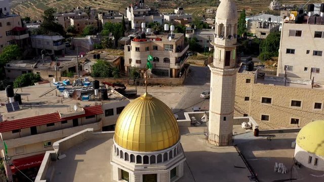 Hamas Flag Waving over Golden Mosque, Palestinian Authority, Aerial view