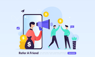 People share info about referral and earn money. Refer A Friend Concept, affiliate marketing, landing page template for banner, flyer, ui, web, mobile app, poster