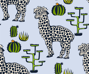Vector background hand drawn exotic wild llama alpaca. Hand drawn ink illustration. Modern ornamental decorative background. Vector pattern. Print for textile, cloth, wallpaper, scrapbooking