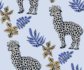 Vector background hand drawn exotic wild llama alpaca. Hand drawn ink illustration. Modern ornamental decorative background. Vector pattern. Print for textile, cloth, wallpaper, scrapbooking