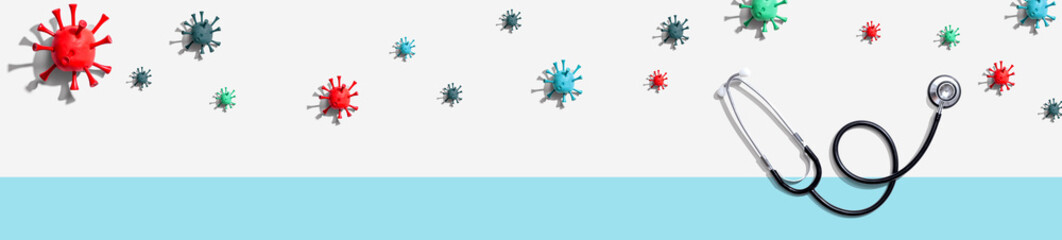 Stethoscope with coronavirus theme overhead view - flat lay