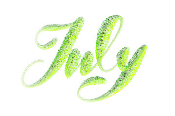 July lettering word written with green luminous particles isolated on white background
