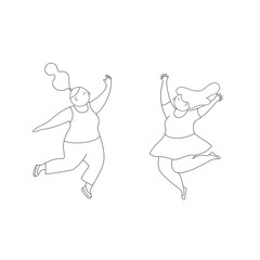 Beautiful friends girls jumping with raised hands.Happy positive young women rejoicing together.Characters design. Linear silhouette isolated on a white background.