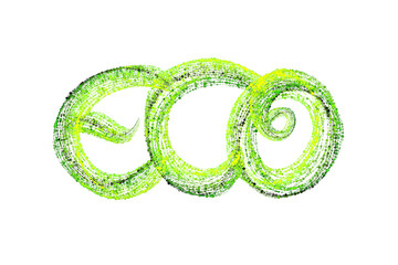 Handwritten word lettering Eco made by fresh green bio circles of confetti particles isolated on white background