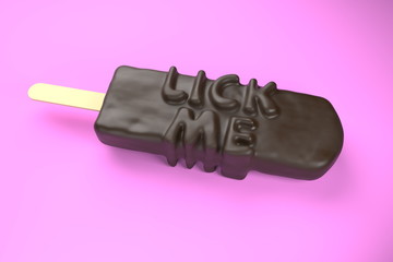 Lick Me text on classic chocolate ice cream isolated on pink background 3d illustration