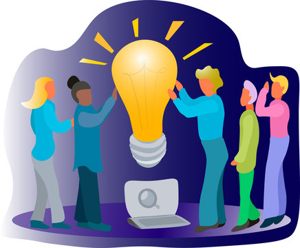 Flat Illustration Creative Crisis, Brainstorming and Searching Idea Concept. People Stand at Huge Turned On Light Bulb. Team Search Insight for Project Development