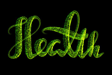 The word health is made of glowing green particles on a black background. Concept of healthcare and Selfisolation Coronavirus COVID-19. Epidemic condition illustration