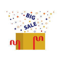 Flat vector illustration: big sale concert. Open box with confetti.