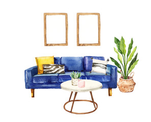 Watercolour hand painted home living room interior furniture illustration isolated on white background