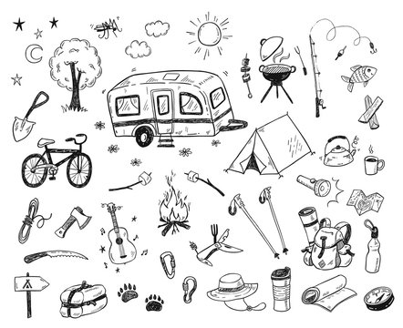 Hand drawn doodle camping vector elements, icons set with bonfire, adventure, hiking and touristic equipment