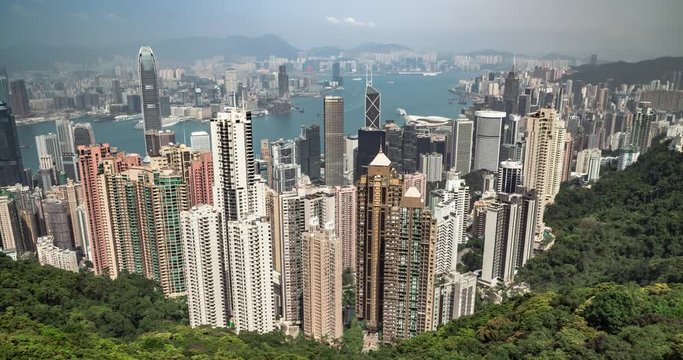 Hong Kong China, day cityscape time lapse from the peak tower facing mainland. Includes 2 versions - 1 stationary and one with a digital pan using the full resolution of the image.