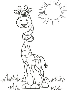 Coloring page outline of cartoon smiling cute giraffe. Colorful vector illustration, summer coloring book for kids.