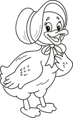 Coloring page outline of cartoon smiling cute girl duck. Colorful vector illustration, summer coloring book for kids.