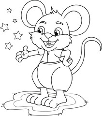 Coloring page outline of cartoon smiling cute mouse with stars. Colorful vector illustration, summer coloring book for kids.