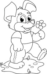 Coloring page outline of cartoon smiling cute dog with flower. Colorful vector illustration, summer coloring book for kids.