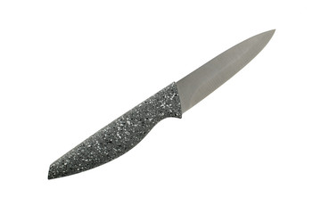 Stainless steel kitchen knife as a cutting tool for kitchen utensils isolated on a white background.