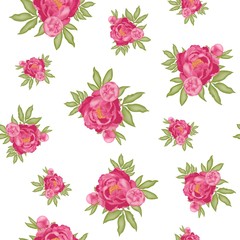 Pattern with pink peonies and green leaves isolated on a white background, stock vector illustration with 3D effect, postcard, banner, poster, fabric, packaging
