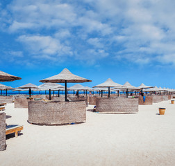 Empty beautiful clean beach with sunbeds and umbrellas, Egypt. Vacation concept. View of the beach with umbrellas and palm trees