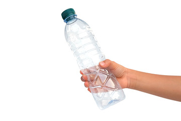 Hand, holding empty plastic bottle isolated on white background.