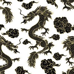 Oriental dragon flying in clouds seamless pattern. Traditional Chinese mythological animal hand drawn illustration. Golden Black festival serpent on white background. Wrapping paper, textile design
