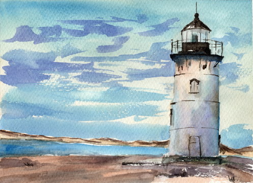 An old lighthouse and the colorful dawn sky with purple clouds as a dackground