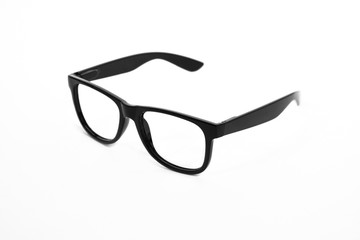 Black glasses with transparent glasses or eyeglass frame isolated on white background, banner or...