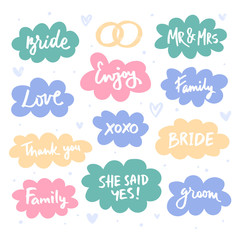 Lettering in clouds set. Wedding greeting words. Message package flat hand drawn illustration. Bride, enjoy, mr and Mrs, Groom, family, love, tank you phrases. Rings and hearts design element