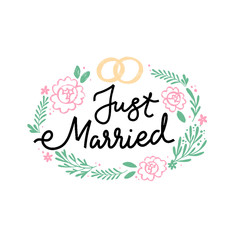 Just Married hand drawn vector phrase lettering. Hand-drawn inspires the inscription. Abstract illustration with text on a white background. Rings, dots, leaves and flowers design element